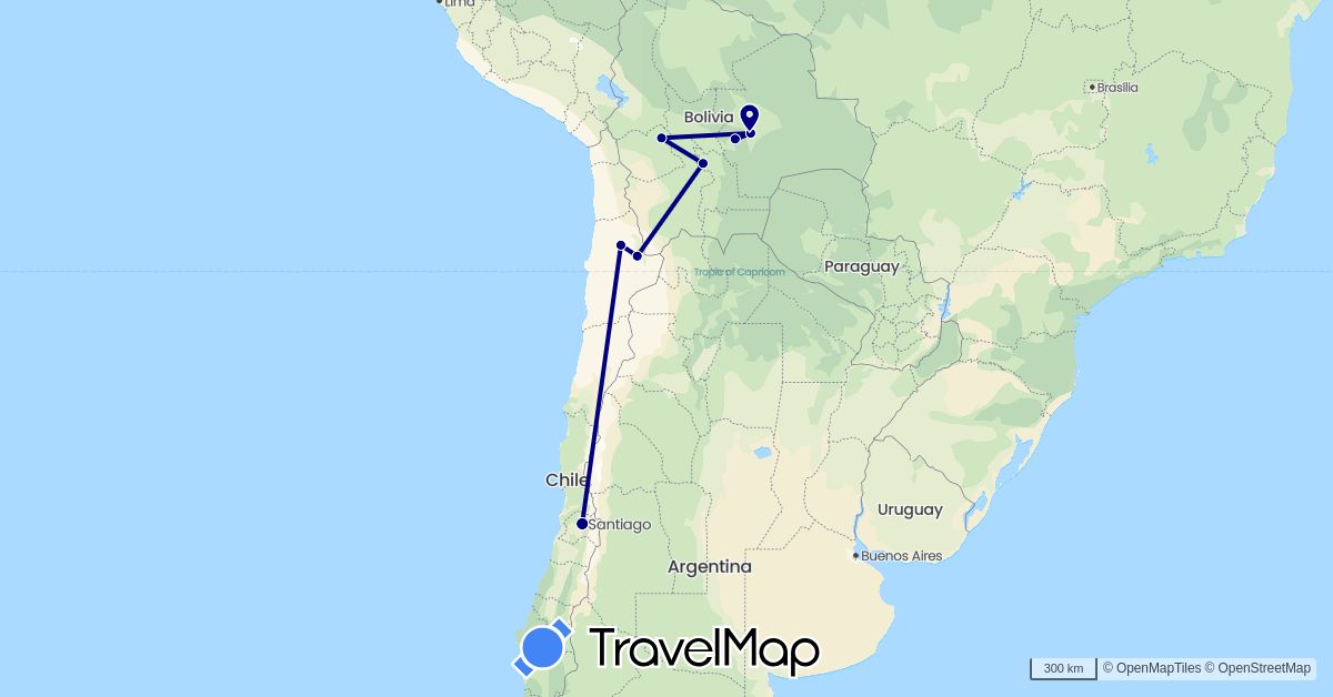 TravelMap itinerary: driving in Bolivia, Chile (South America)