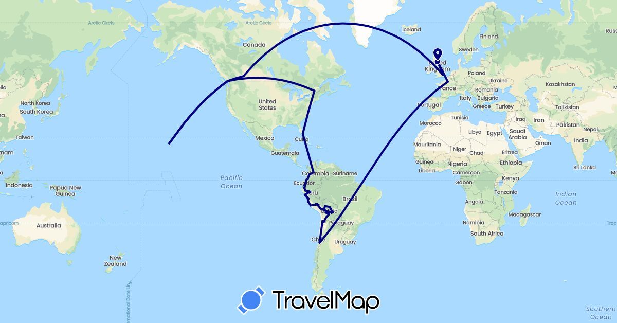 TravelMap itinerary: driving in Bolivia, Canada, Chile, Colombia, Ecuador, France, United Kingdom, Peru, United States (Europe, North America, South America)