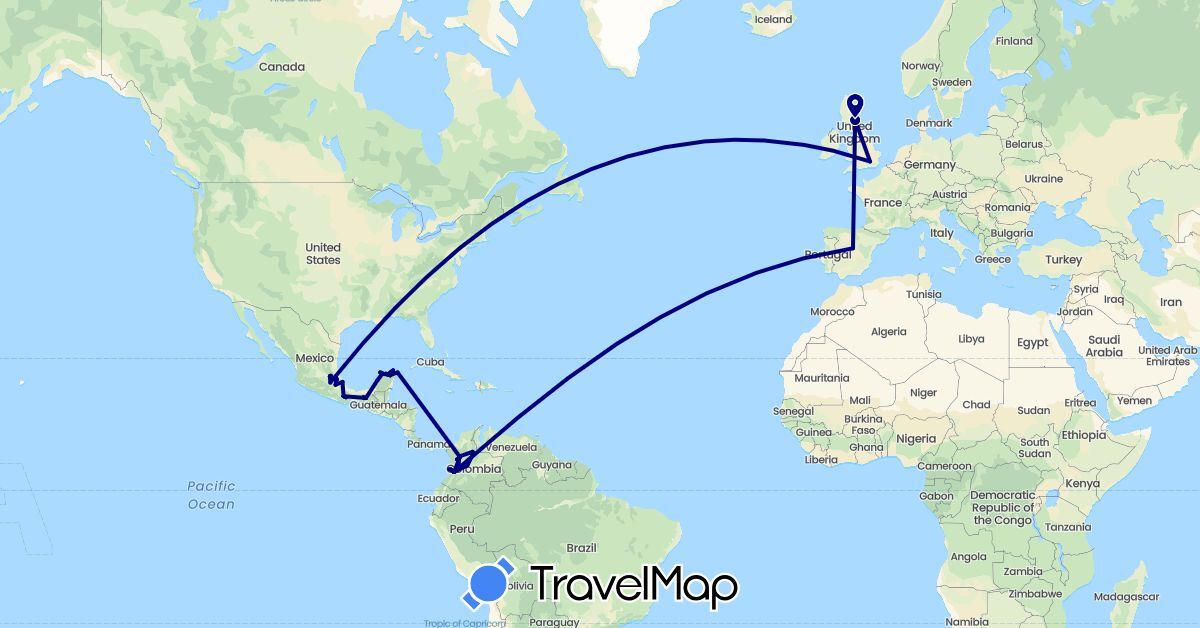 TravelMap itinerary: driving in Colombia, United Kingdom, Mexico (Europe, North America, South America)